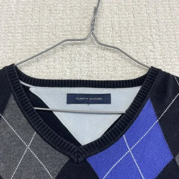 VTG Tommy Hilfiger Argyle Sweater Mens Purple / Black Diamond Dark Academia Read - Picture 5 of 11